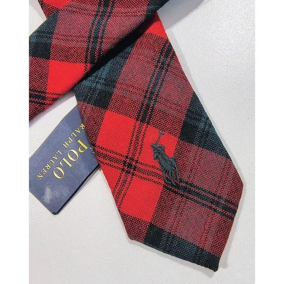 Polo Ralph Lauren Tie Tartan  100% Wool Mens  Hand Made In Italy Red Green NWT - Picture 2 of 8